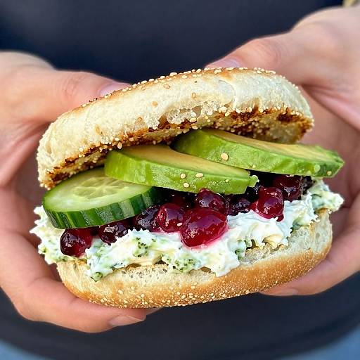 Photograph of a hand holding a sandwich with a sesame seed bun, filled with cucumber slices, red pomegranate seeds, white cheese, and