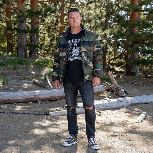 Photograph of a muscular man with short brown hair, wearing a camouflage jacket, black graphic tee, ripped jeans, and sneakers, standing in a sun