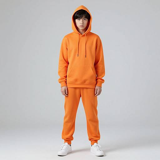Photograph of a young man in an orange hoodie and matching joggers, hood up, standing against a plain white background, wearing white sneakers.