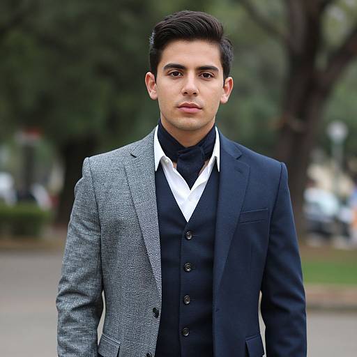 Photograph of a young man with short dark hair, wearing a grey herringbone blazer, black vest, white shirt, and black tie,