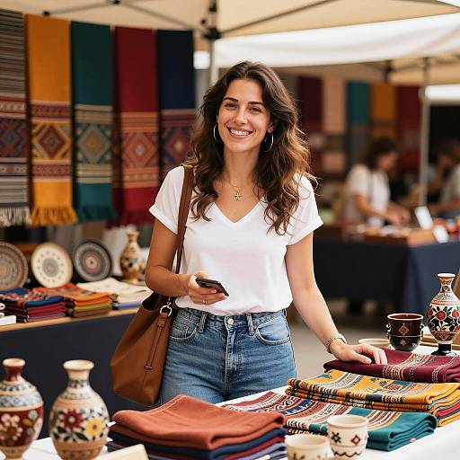 Smiling Woman Shopping at Artisan Market