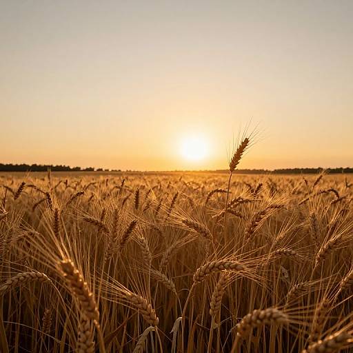 Photograph of a golden wheat field at sunset, with the sun low on the horizon, casting a warm, orange glow over the tall, ripe wheat