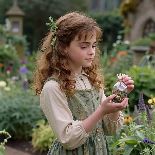 Young girl with curly brown hair and green dress, holding a small white flower in a vibrant, colorful garden. Photograph.