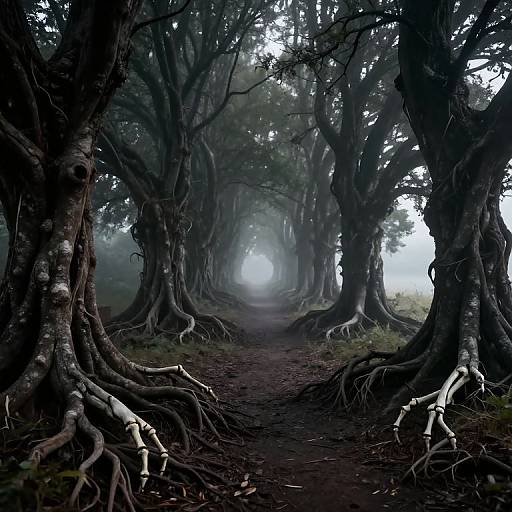 Photograph of a misty forest path flanked by towering, twisted trees with gnarled roots, creating a dark, eerie, and mystical atmosphere