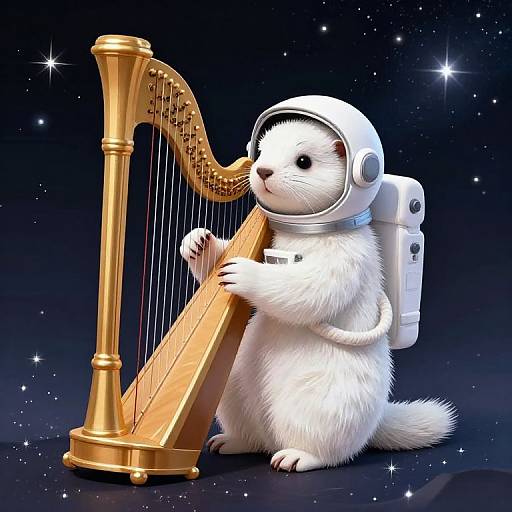 Digital illustration of a white ferret in a spacesuit, playing a golden harp, against a starry night sky background.