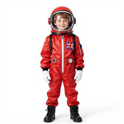 Playful Child in Red Astronaut Costume