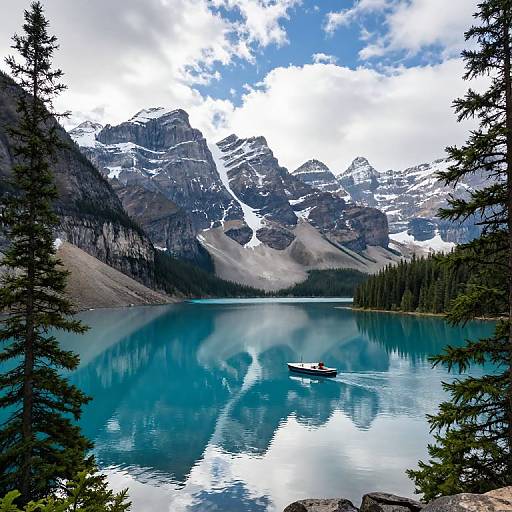 Photograph of a serene turquoise lake reflecting snow-capped mountains, with a small red canoe in the foreground, surrounded by pine trees under a partly cloudy