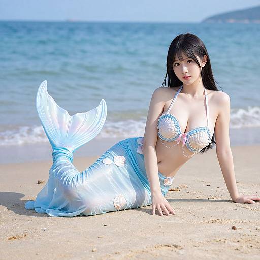 Photograph of an Asian woman with long black hair, wearing a blue and white mermaid tail bikini, lying on a sunny beach with clear blue ocean