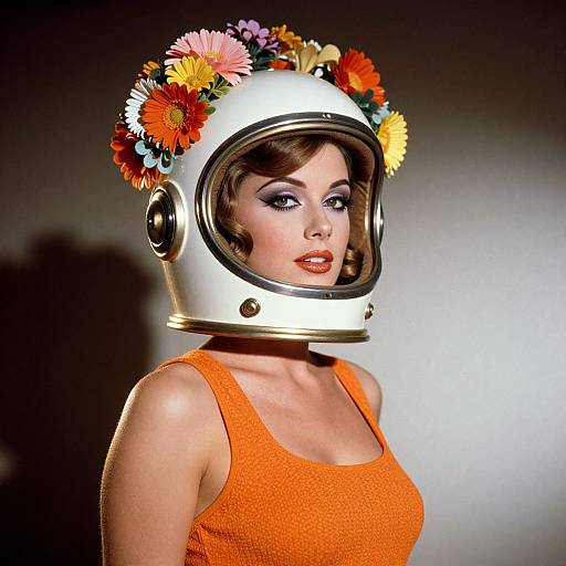 Photograph of a woman with fair skin, wearing an orange tank top and a white helmet adorned with colorful flowers, against a dark, gradient background.