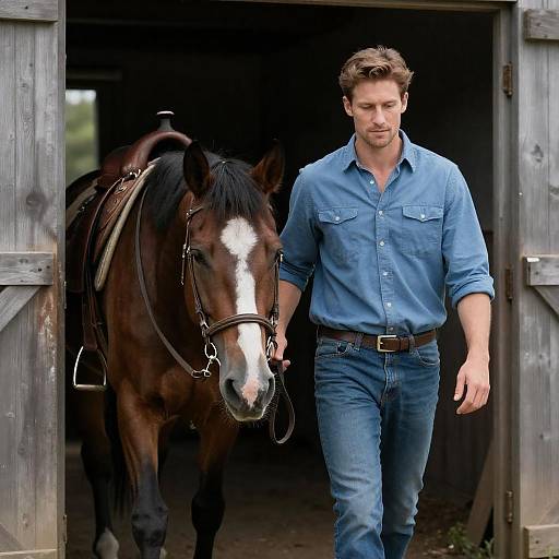 Man and Brown Horse Exiting Barn