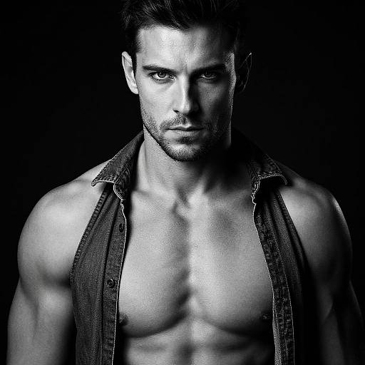 Black-and-white photograph of a muscular, shirtless man with short dark hair, intense gaze, and denim vest, against a dark background.