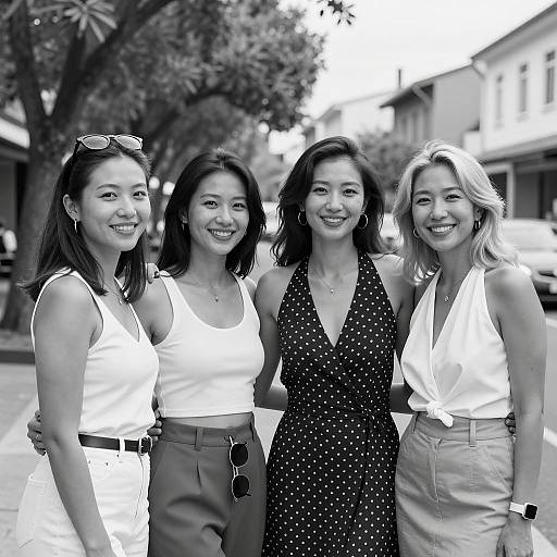 Group of Four Women Smiling Together on Street