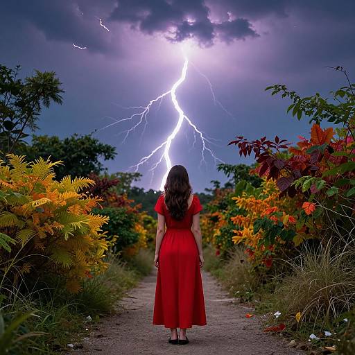 Photograph of a woman in a red dress standing on a path, facing a vivid lightning bolt in a stormy sky, surrounded by autumnal foliage