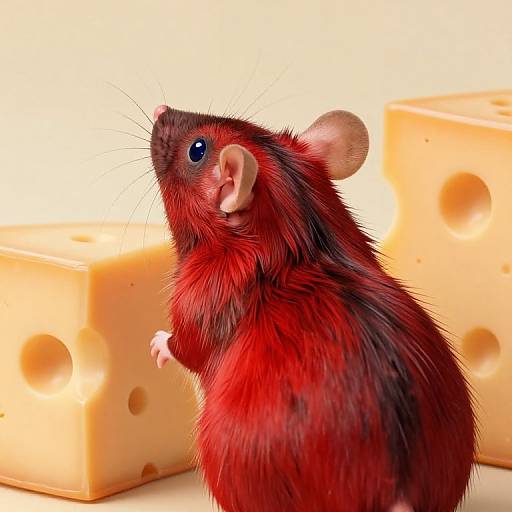 Photograph of a small, red and black fuzzy mouse with a pink nose and ears, standing on its hind legs in front of two Swiss cheese slices