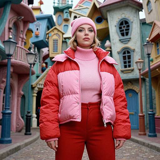 Photograph of a blonde woman in a pink beanie, pink sweater, and red puffer jacket, with red pants, standing in a colorful,