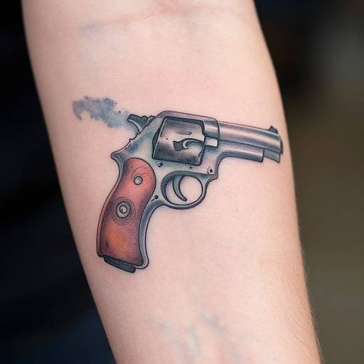 Photograph of a realistic tattoo on pale skin featuring a detailed, black and brown revolver with smoke above the barrel.