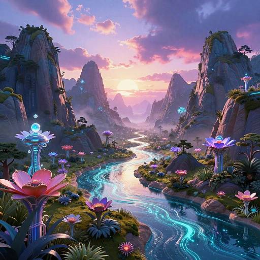Digital fantasy landscape: glowing flowers, bioluminescent river, towering purple mountains, pink-orange sunset, vibrant clouds, alien-like flora, mystical ambiance