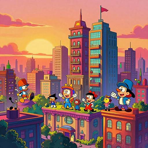 Vibrant Cartoon Cityscape at Sunset