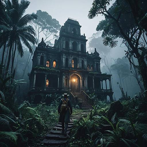 Explorer Approaching Victorian-Era Jungle Ruins