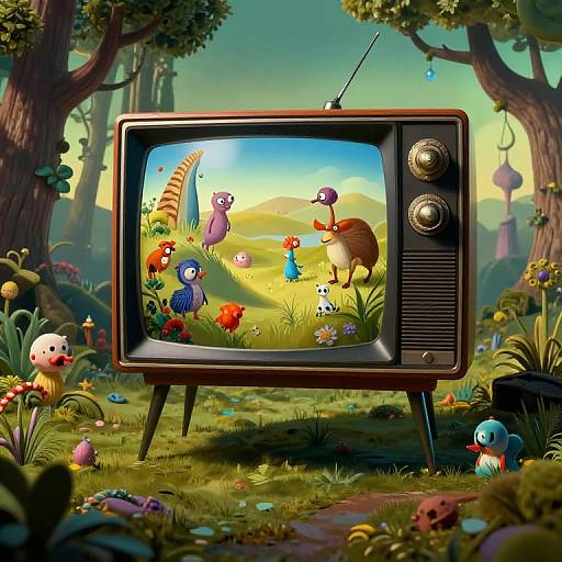 Surreal Floating TV in Fantasy Forest