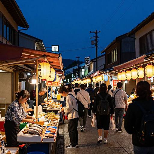 Photograph of a bustling evening street market in Japan, illuminated by warm lanterns, with people shopping and browsing various stalls.