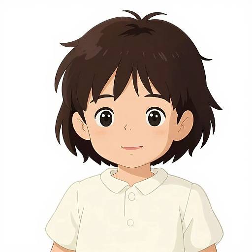 Digital anime-style drawing of a cute young boy with short, black hair, large black eyes, and a soft smile, wearing a white collared shirt