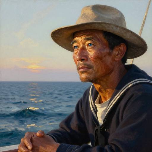 Photograph of a middle-aged, tan-skinned man with a mustache, wearing a beige hat and navy hoodie, gazing at a sunset over