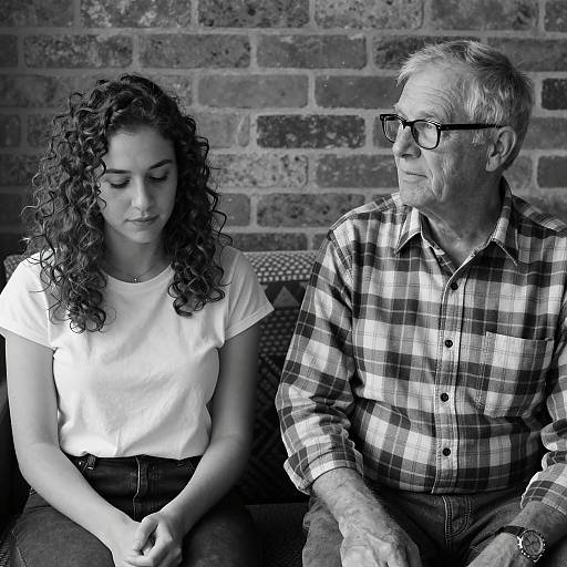 Black and White Portrait of Young Woman and Older Man Sitting