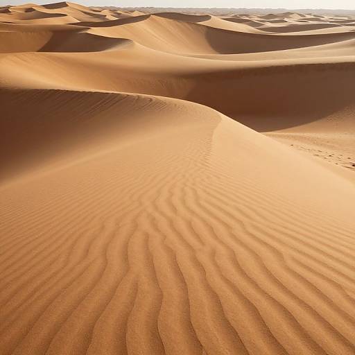 Photograph of a sunlit desert with rippled sand dunes casting intricate shadows, showcasing warm orange and brown hues under a bright, white sky.