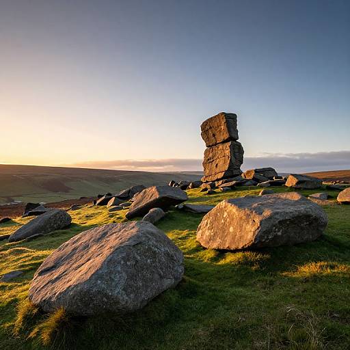 Photograph of a sunlit rocky landscape at sunset, featuring a tall stack of large, weathered stones in the center, surrounded by scattered bould