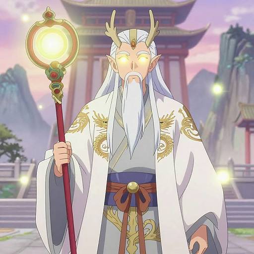 Anime-style illustration of a majestic, white-bearded elf with glowing eyes, wearing a white robe with gold embroidery, holding a staff, standing before a