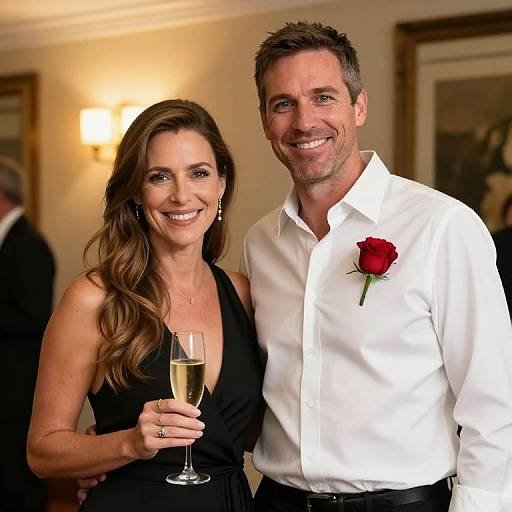 Photograph of a smiling middle-aged couple; woman in black dress, holding champagne, man in white shirt with red rose, indoors.