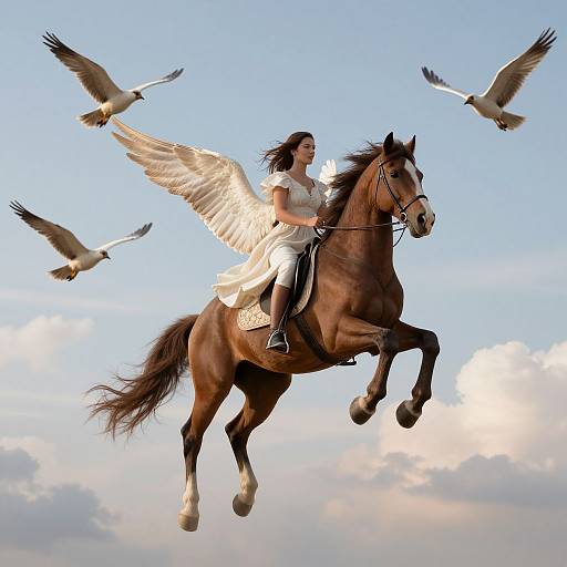 Photograph of a woman with white wings riding a brown horse, surrounded by flying birds, against a blue sky with clouds.