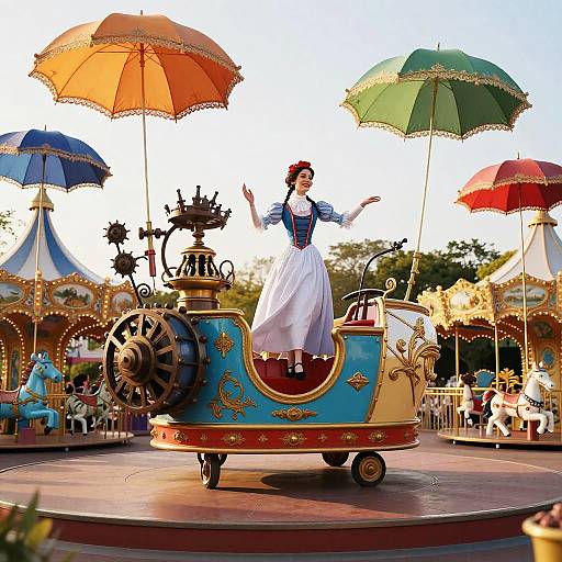 Photograph of a Disney-inspired carousel featuring a costumed Snow White under colorful parasols, standing on a vintage steam-powered carriage.