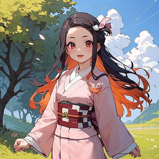 Anime-style digital drawing of a smiling young woman with long black-to-orange hair, red eyes, wearing a pink kimono and checkered obi,