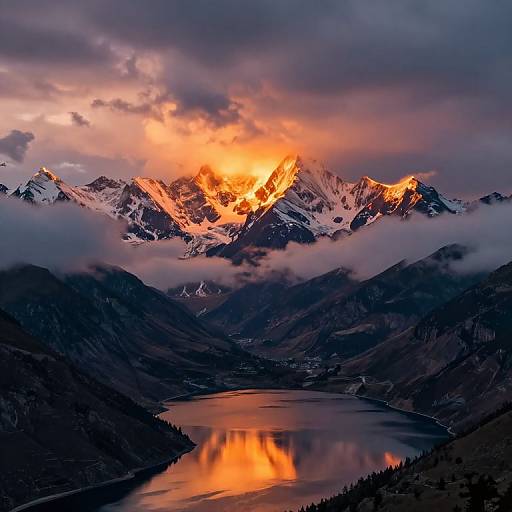 Photograph of a dramatic mountain range at sunset, with snow-capped peaks glowing orange, reflected in a calm lake surrounded by dark, forested valleys