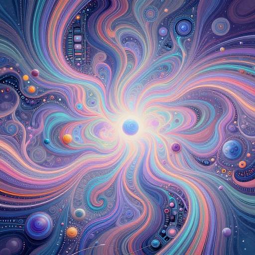Digital art of a vibrant, swirling cosmic scene with colorful, wavy lines, glowing stars, planets, and a bright, white sun-like center.