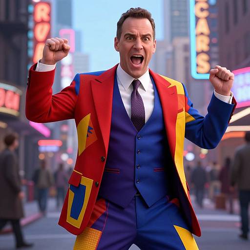 Photograph of a man in a vibrant red and blue suit with yellow accents, shouting triumphantly in a busy city street at night, with neon signs