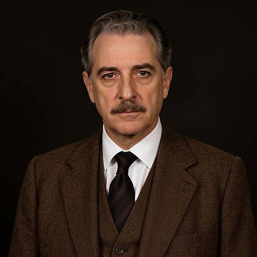 Photorealistic portrait of a middle-aged man with gray hair, mustache, wearing a brown tweed suit, white shirt, and black tie,