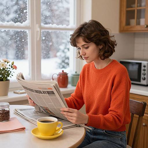 Photograph of a young woman with short brown hair, wearing an orange sweater, reading a newspaper at a kitchen table with a yellow cup of coffee,