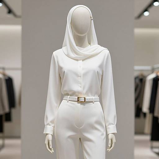 Photograph of a faceless white mannequin wearing a white, long-sleeve, hooded jumpsuit with a belt, displayed in a
