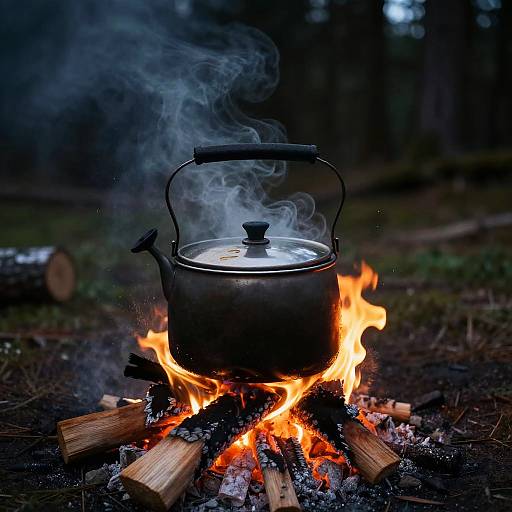 Old Kettle Boiling Over Campfire in Forest