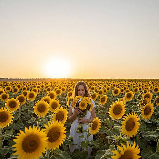 Photograph of a young woman with long brown hair, wearing a white dress, standing in a vast sunflower field at sunset, holding a bouquet of