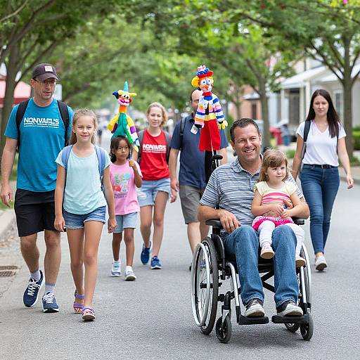 Photograph of a smiling man in a wheelchair with a young girl, surrounded by children and adults walking on a tree-lined street. Bright colors, summer