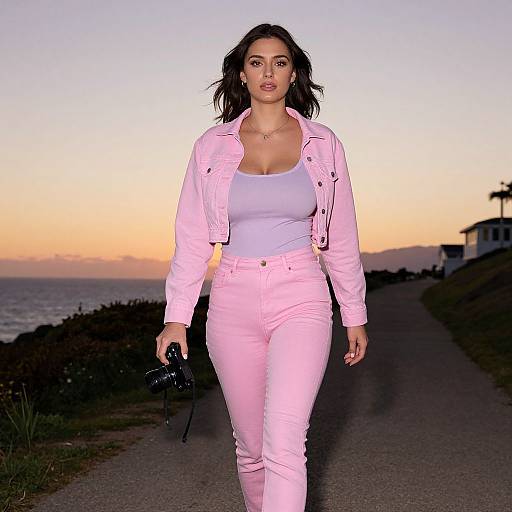 Photograph of a confident woman with dark hair, wearing a pink jacket, white tank top, and matching pink jeans, walking on a coastal path at