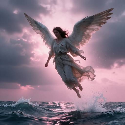 Photograph-style digital art: Angelic woman with white wings and flowing white dress, mid-jump over ocean waves, illuminated by a radiant pink and