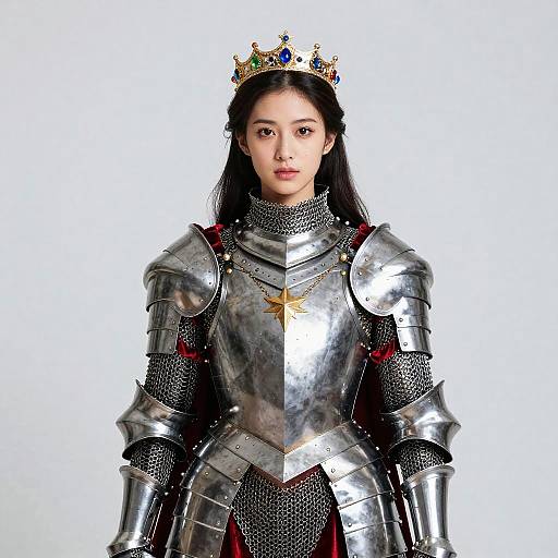 Photograph of an Asian woman with long black hair, wearing a silver medieval-style crown and shiny, detailed armor with a gold emblem, standing against a