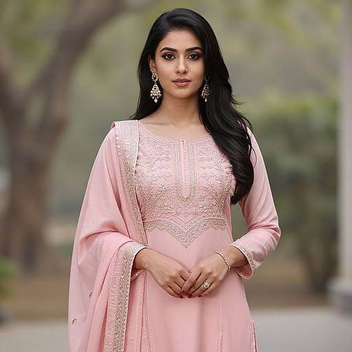 Photograph of an Indian woman with long black hair, wearing a pink embroidered salwar kameez, standing outdoors, with blurred greenery background.