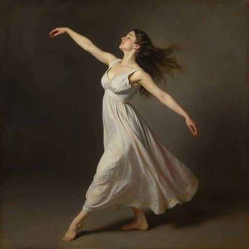 Photograph of a fair-skinned woman with long brown hair, wearing a flowing white dress, gracefully dancing barefoot against a dark, textured background.