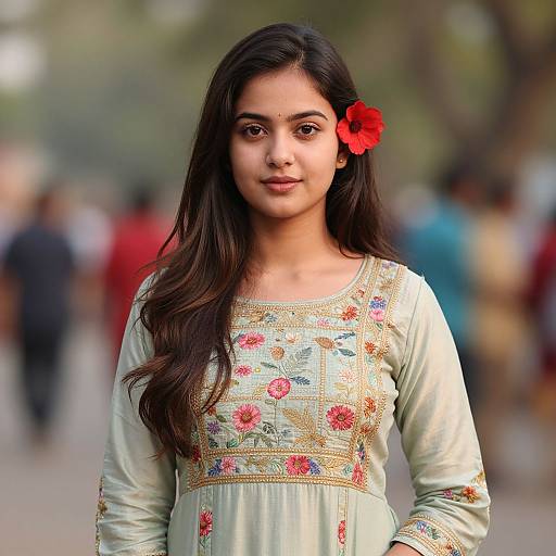 Photograph of a young Indian woman with long dark hair, wearing a light green embroidered kurti, red flower in hair, standing in a blurred